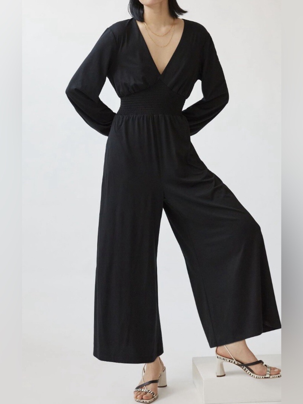 Anthro Hutch Black Wide-Leg Jumpsuit XL Smocked Waist V-Neck - Picture 4 of 10
